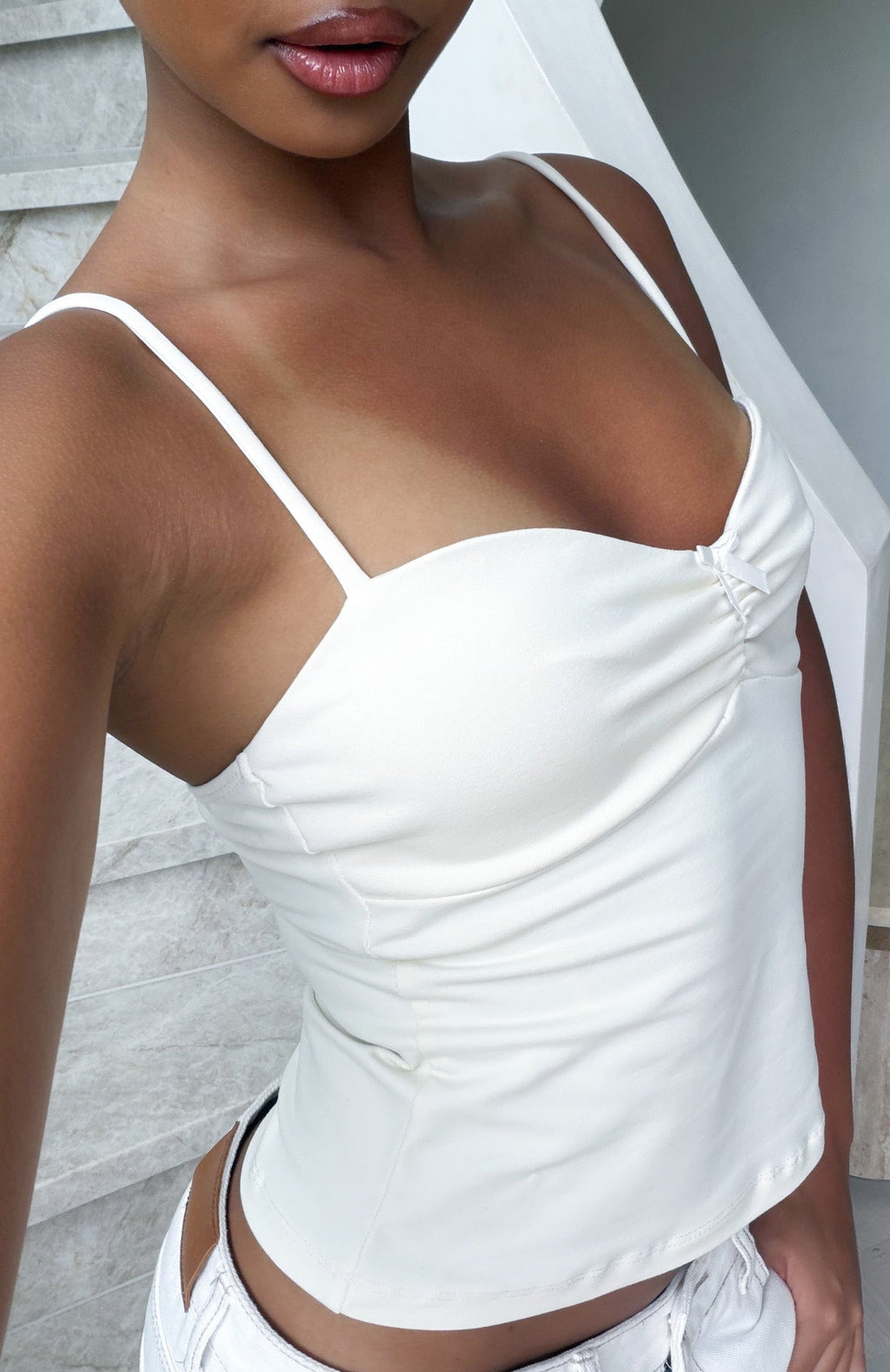 Trending Riding the Wave Bow Trim Top Off White