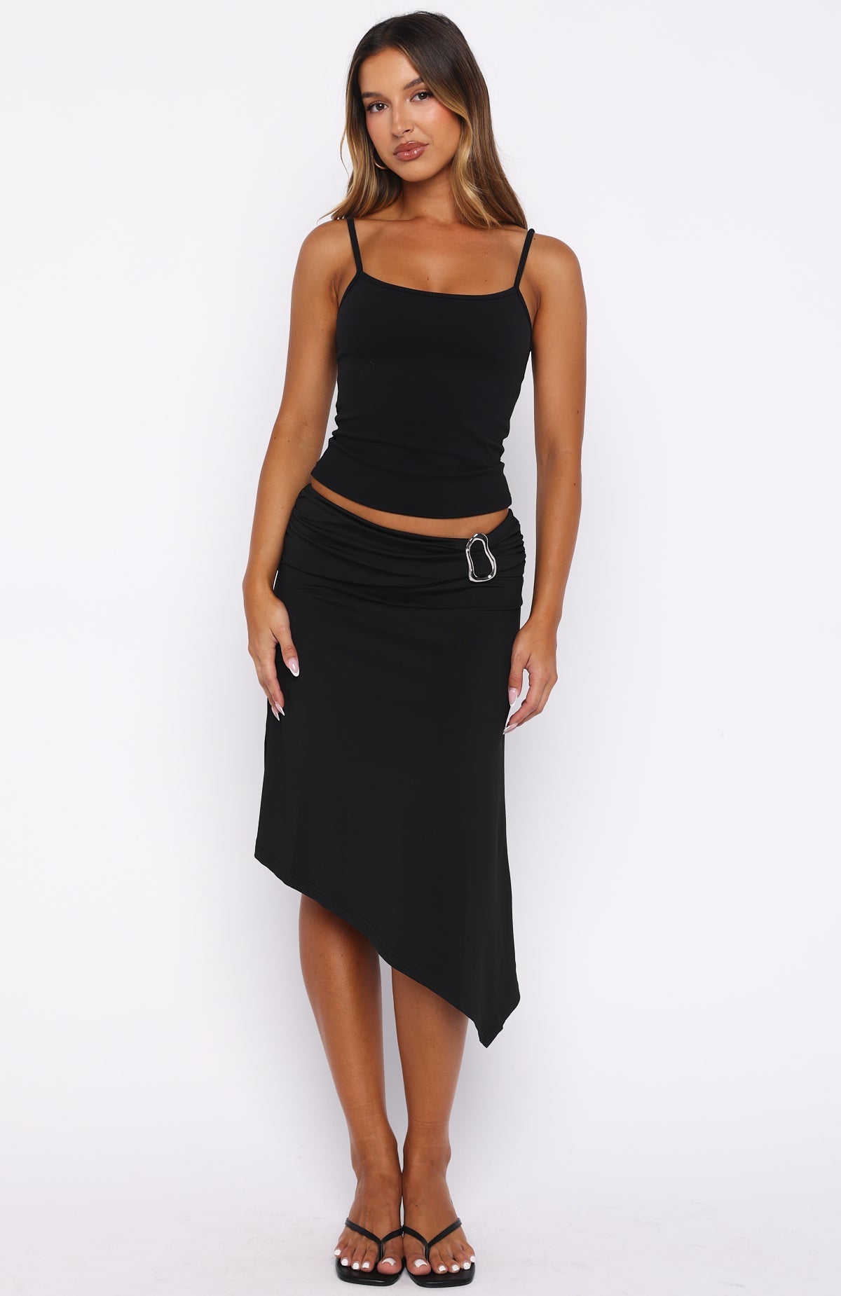 Trending Sending My Love Asymmetric Midi Skirt Black