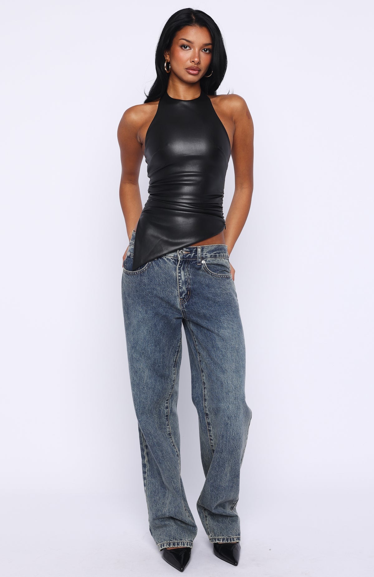 Trending Sparks In Soho PU Halter Top Black