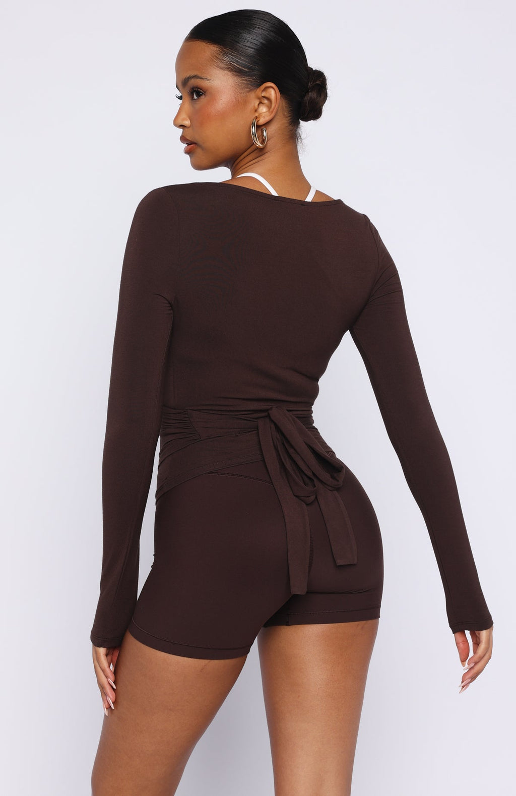 Trending Staying Cute Long Sleeve Wrap Top Dark Chocolate
