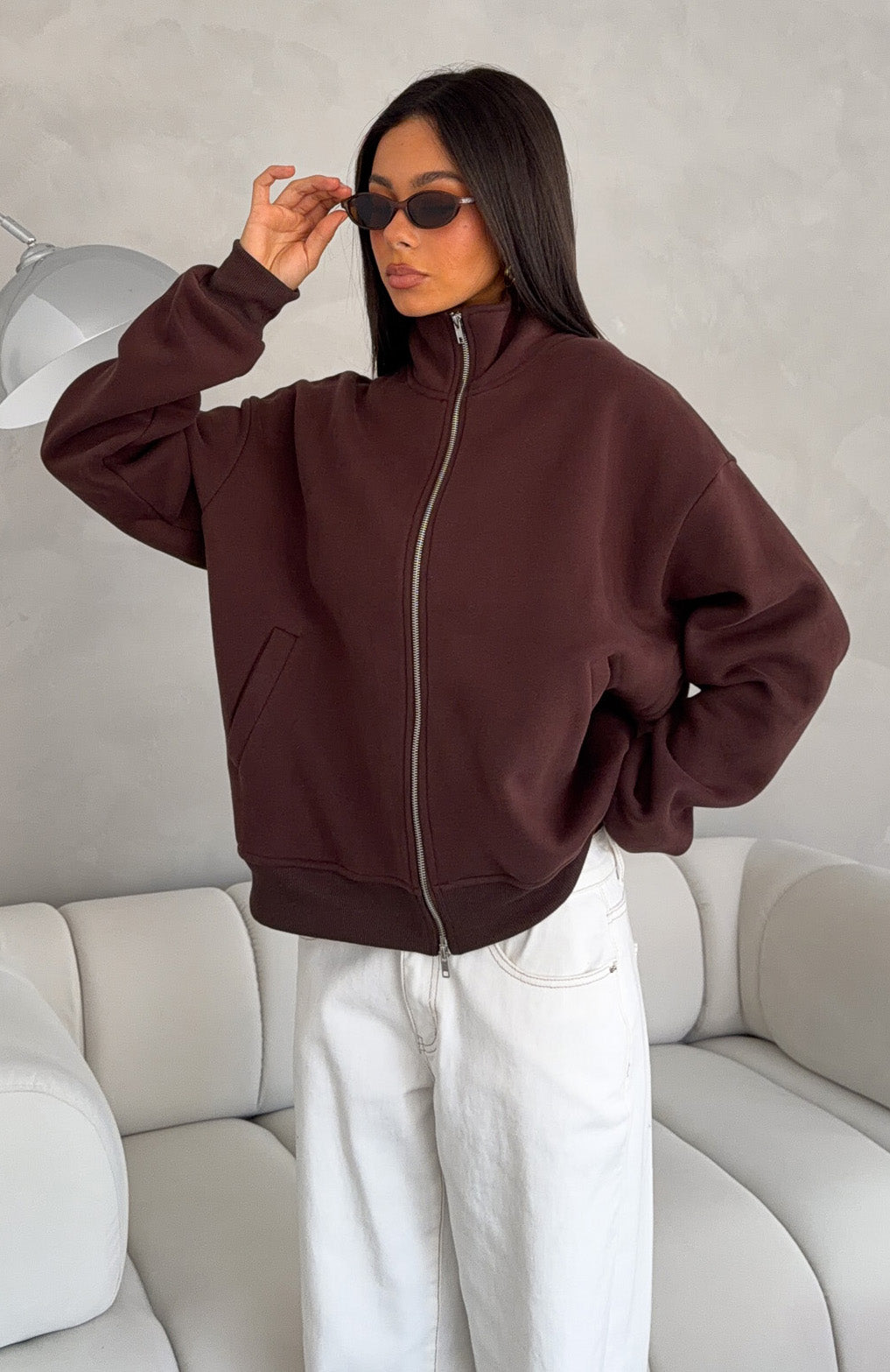 Trending Such A Dream Oversized Zip Front Funnel Neck Jacket Chocolate