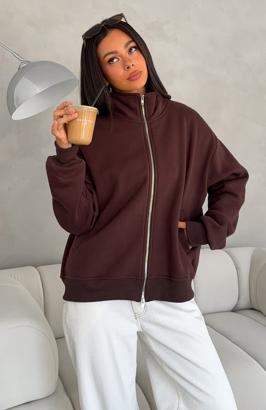 Trending Such A Dream Oversized Zip Front Funnel Neck Jacket Chocolate