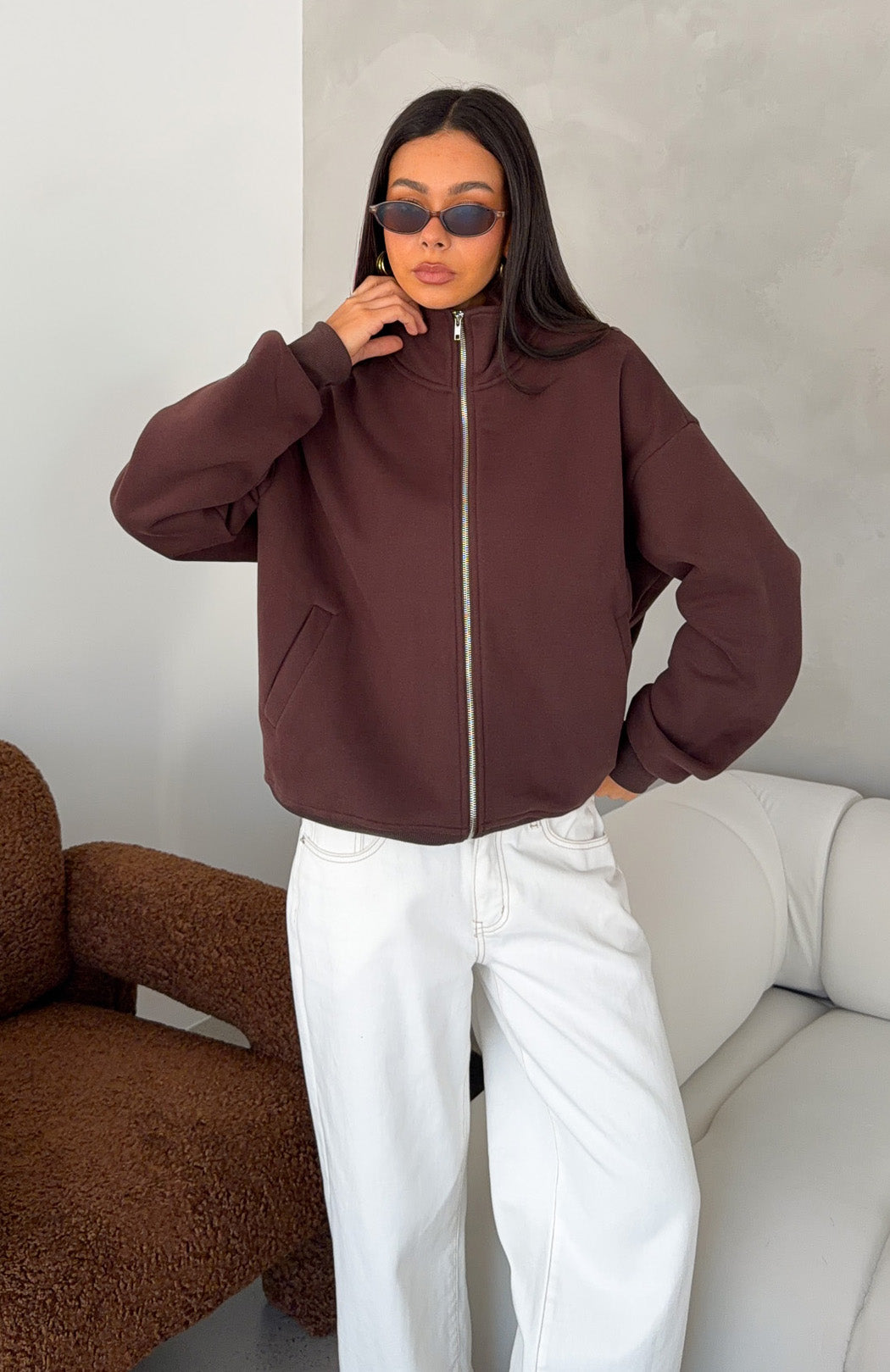 Trending Such A Dream Oversized Zip Front Funnel Neck Jacket Chocolate