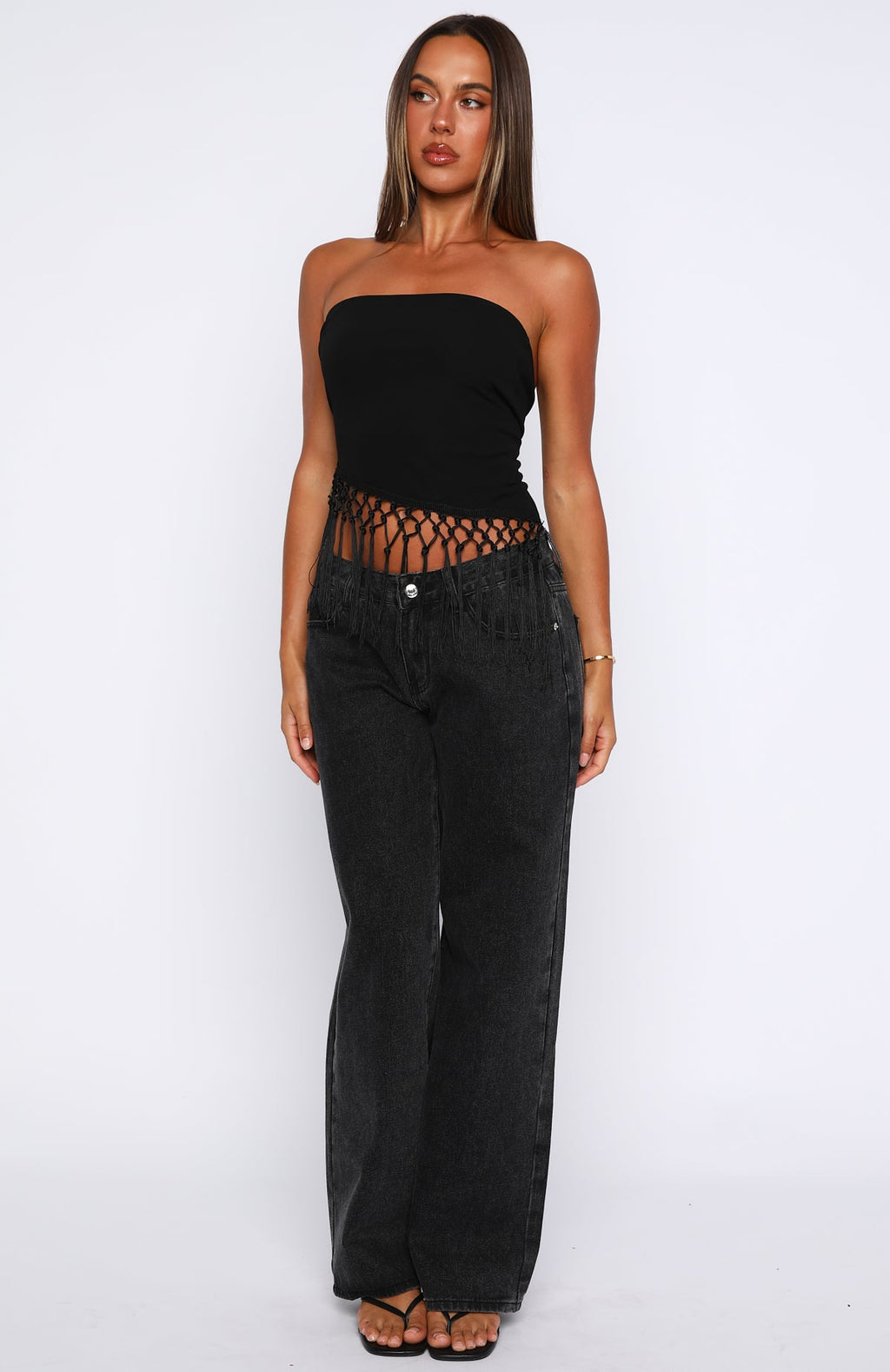 Trending Sweet As Me Strapless Fringe Top Black