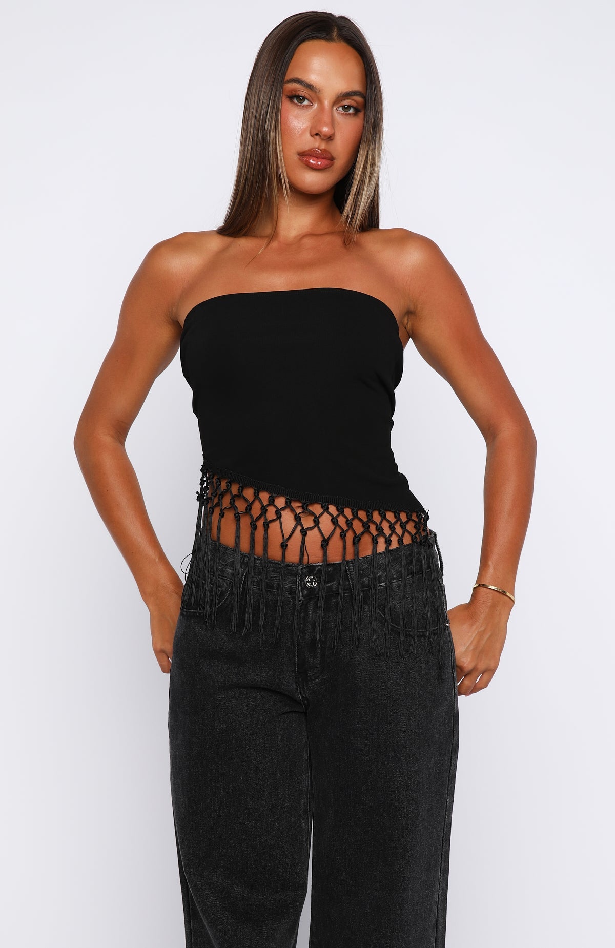 Trending Sweet As Me Strapless Fringe Top Black