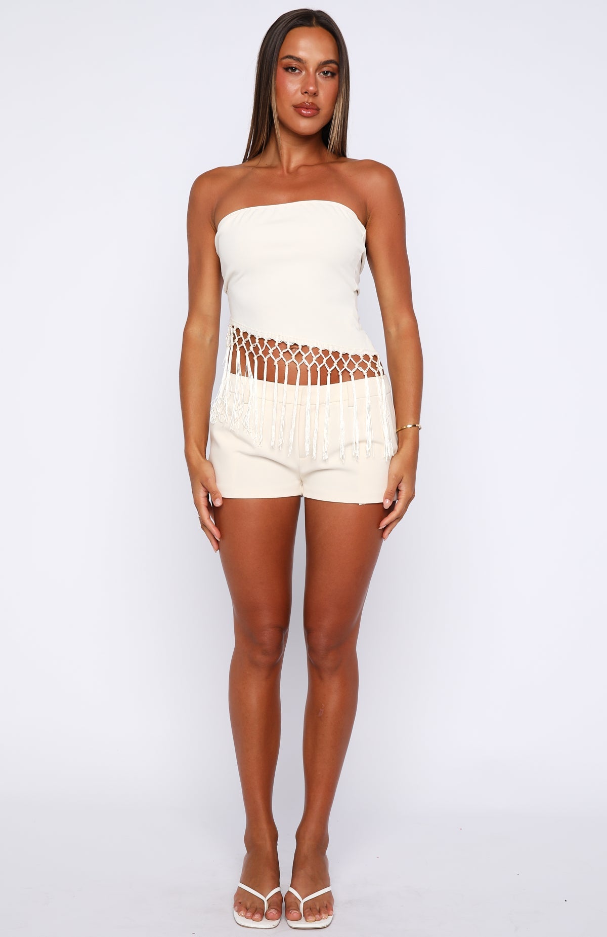 Trending Sweet As Me Strapless Fringe Top Coconut