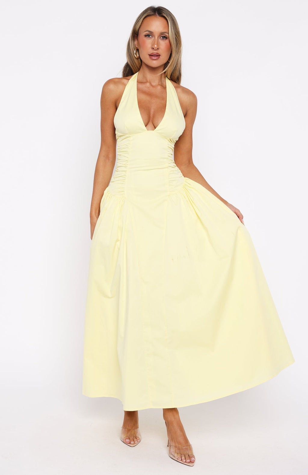 Trending Tinsel Trouble Halter Midi Dress Lemon