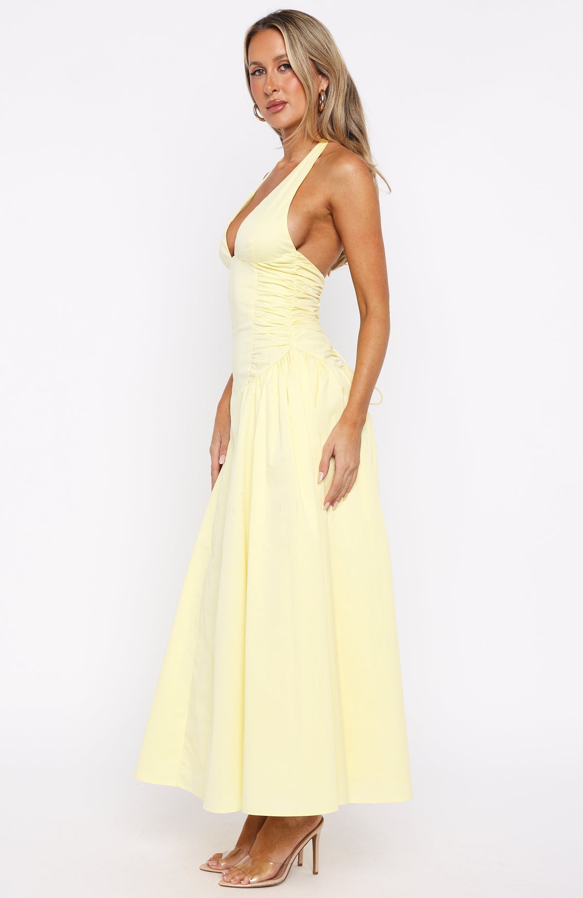 Trending Tinsel Trouble Halter Midi Dress Lemon