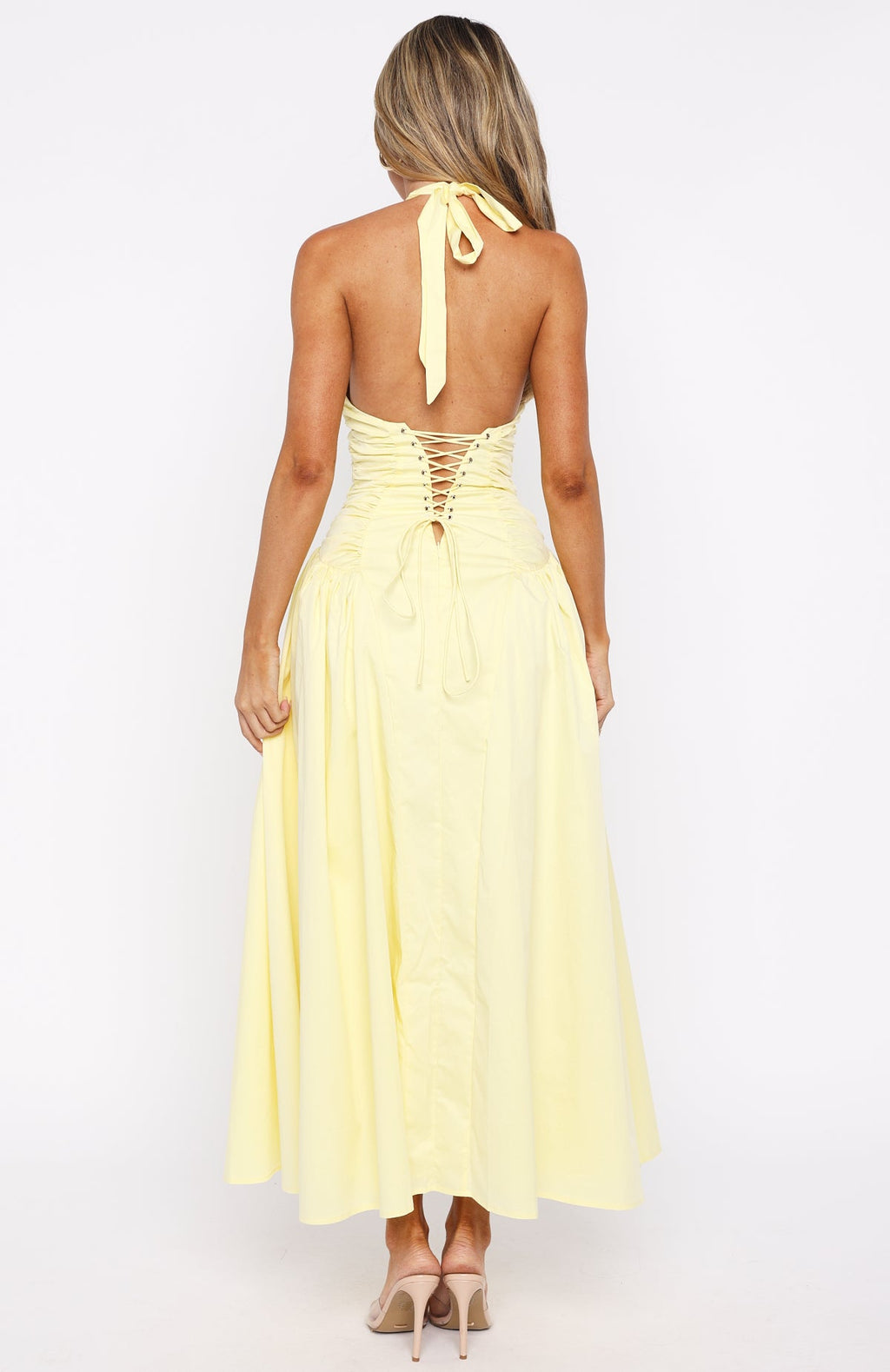 Trending Tinsel Trouble Halter Midi Dress Lemon