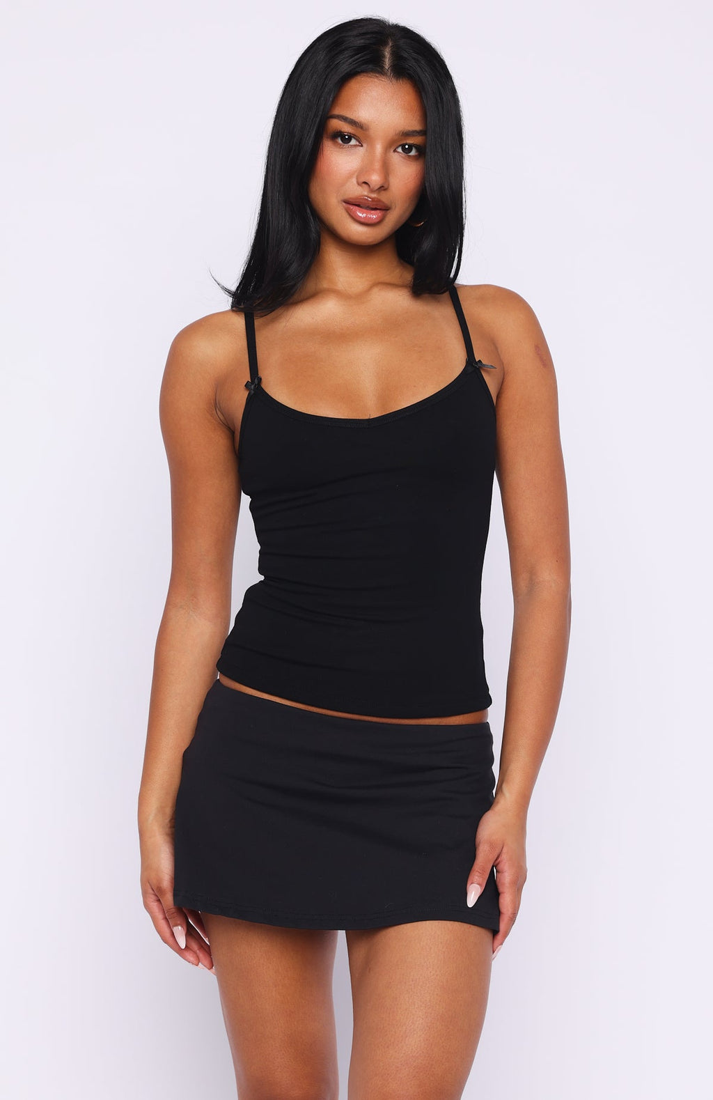 Trending Too Cute To Care Bow Trim Cami Top Black