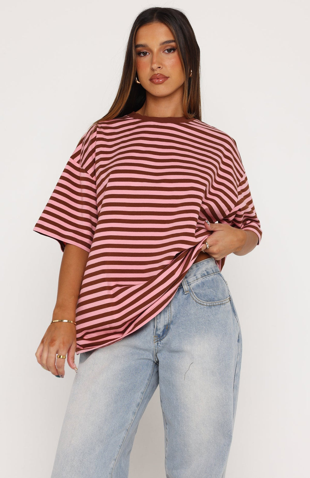Trending Touchdown Oversized Tee BrownPink Stripe