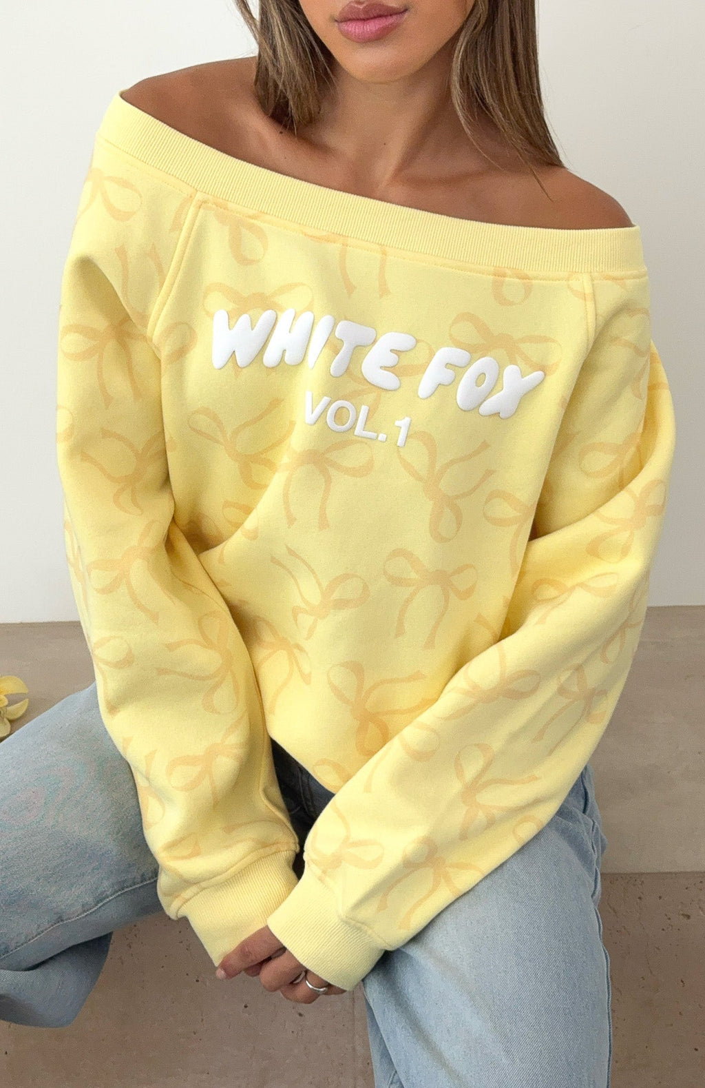 Trending Vol. 1 Off Shoulder Printed Sweater Lemon Bow