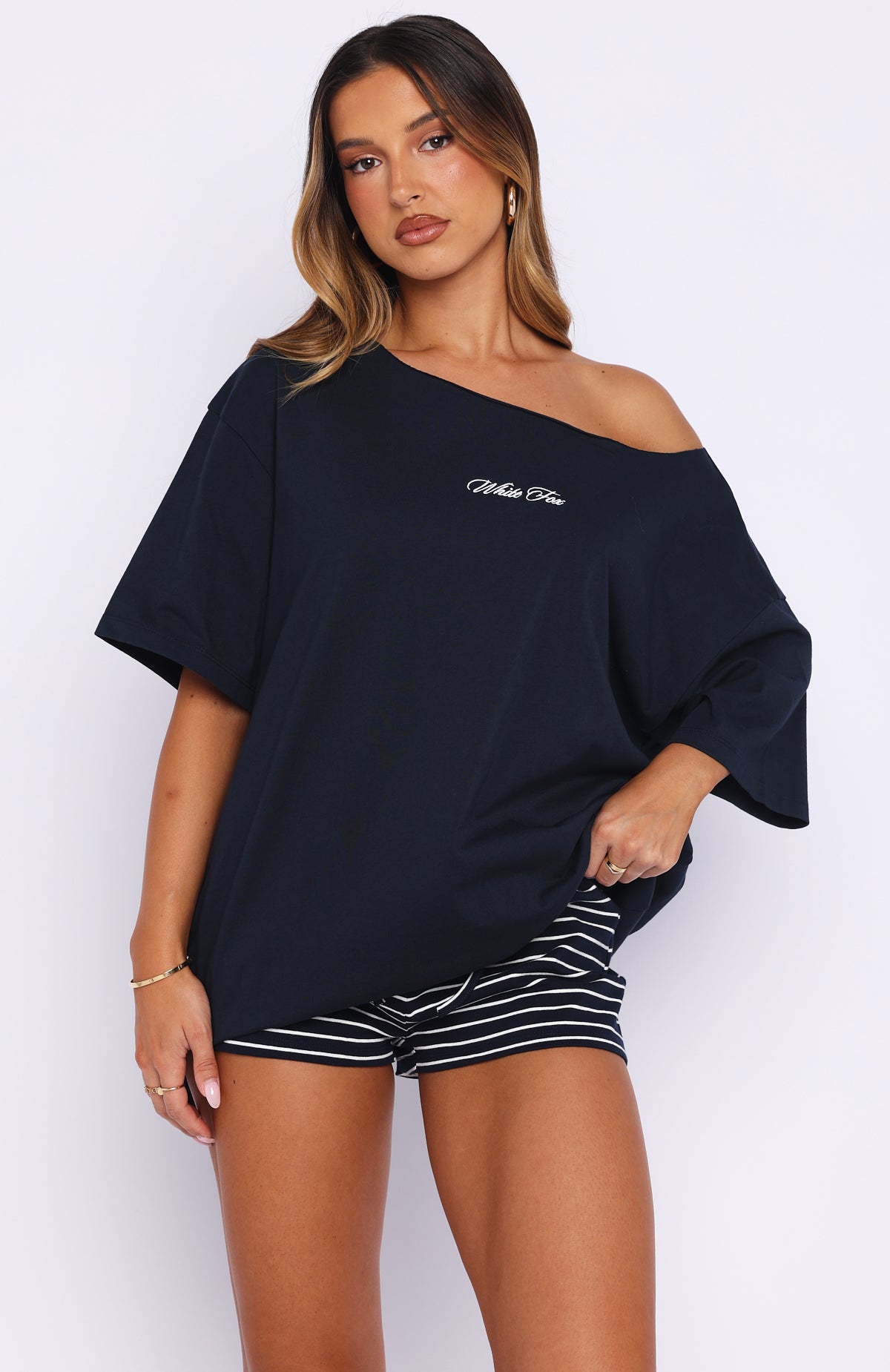 Trending Wishing For It Off Shoulder Oversized Tee Navy