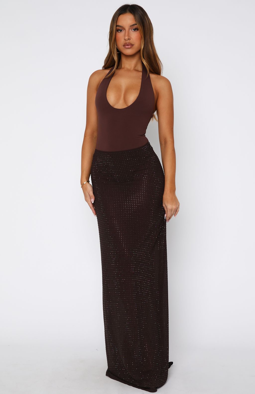 Trending Prism Embellished Maxi Skirt Chocolate