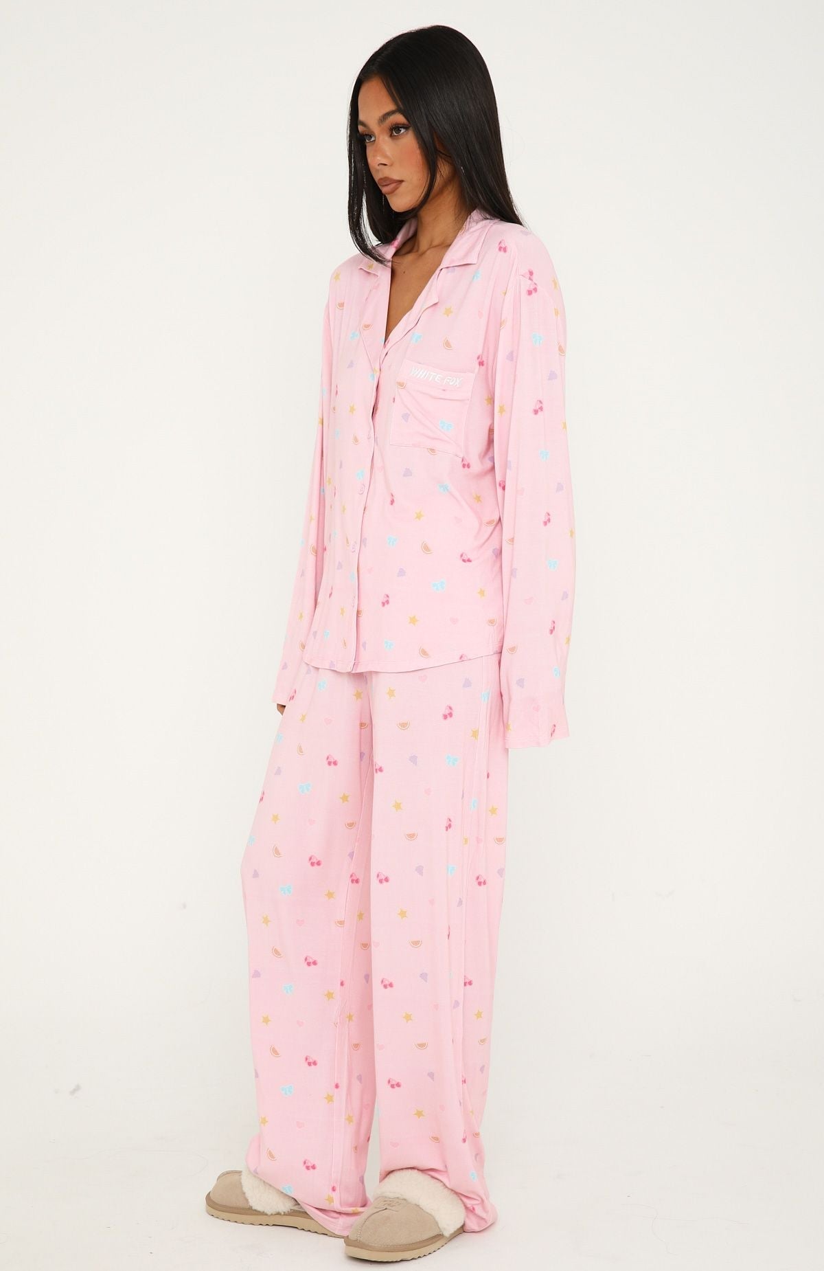 Trending Pillow Talk Printed Long Sleeve Pyjama Set Pink Citrus