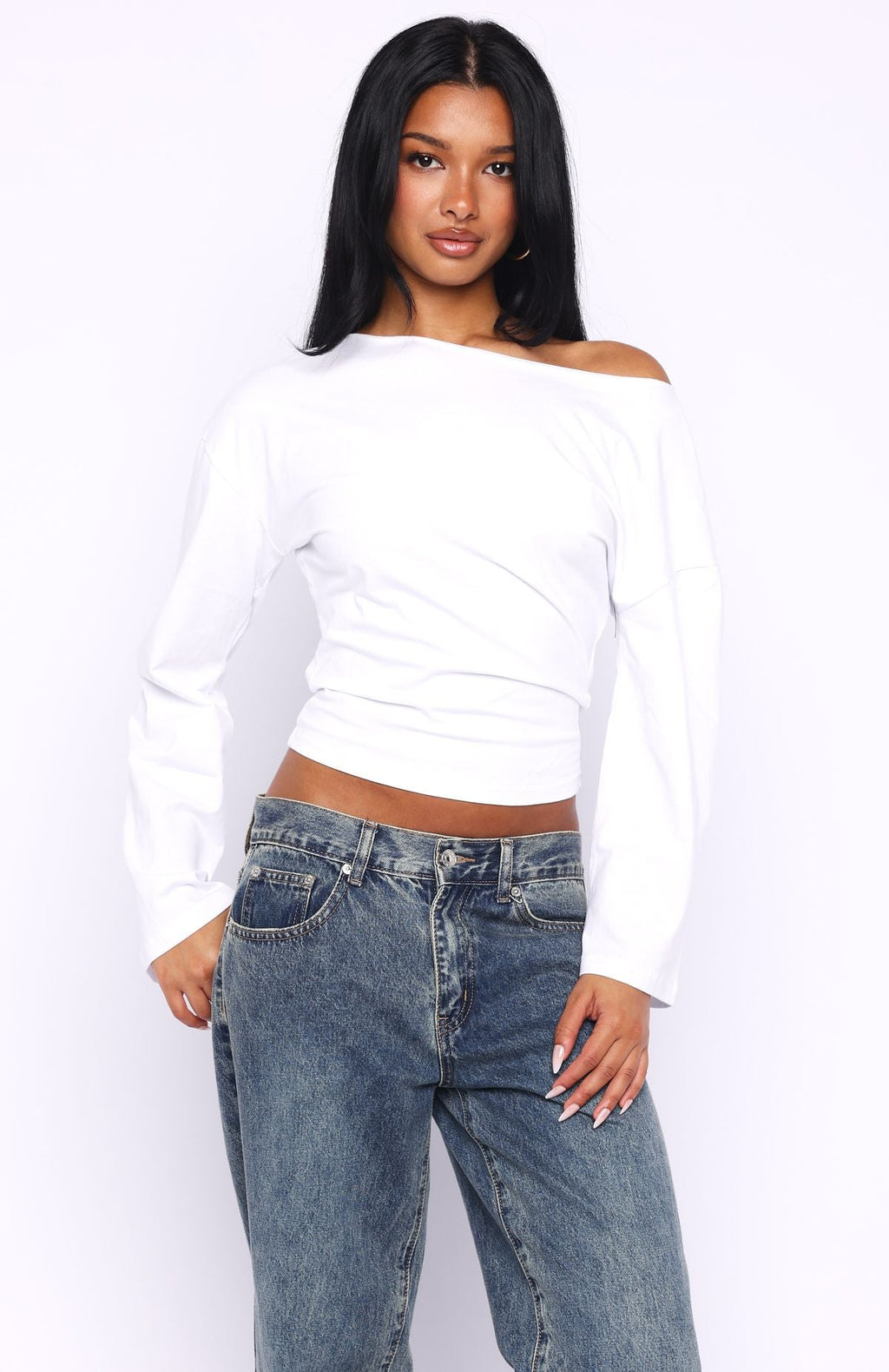 Trending Falling For Him Cinched Waist Off Shoulder Long Sleeve Top White