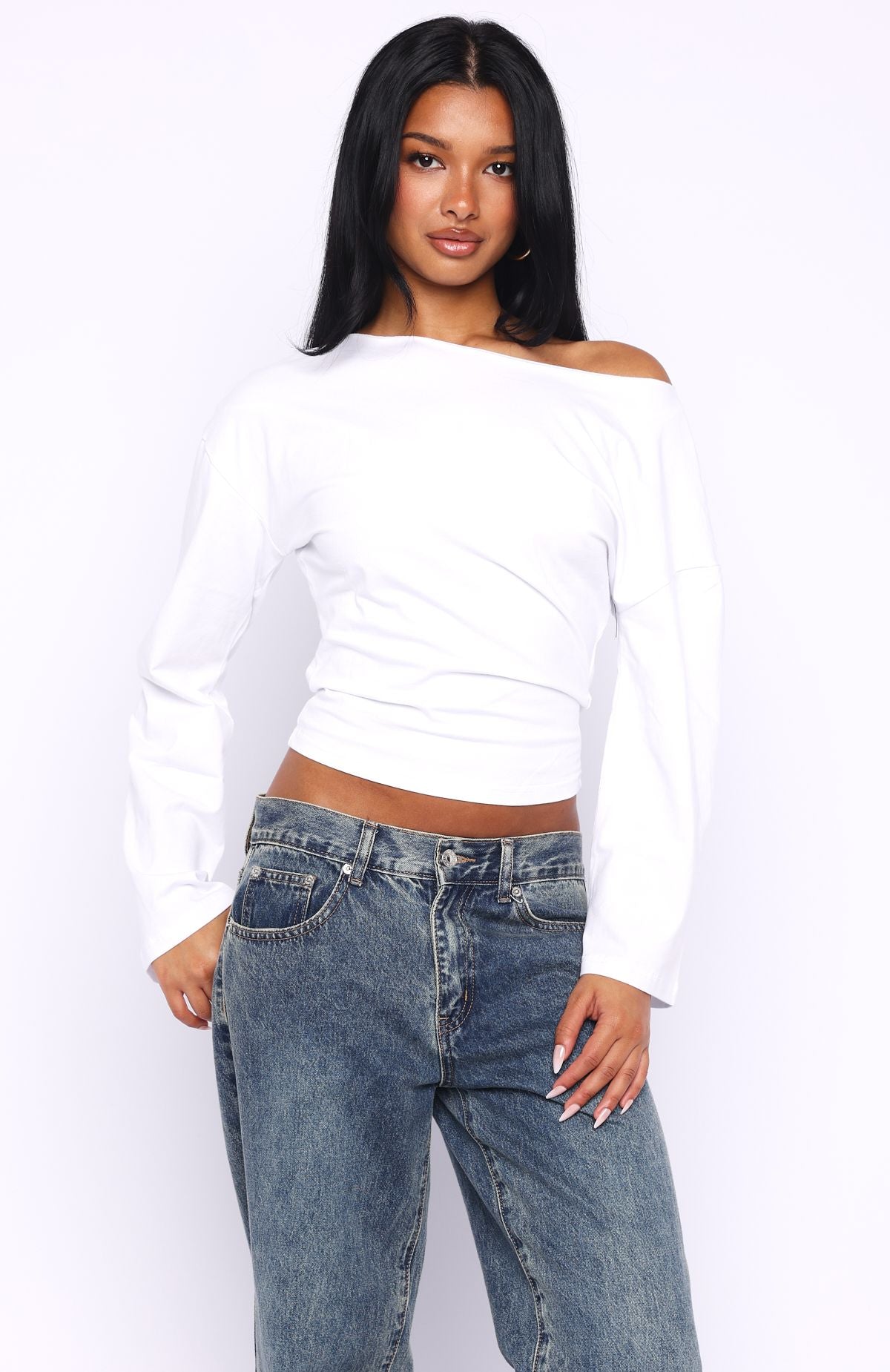 Trending Falling For Him Cinched Waist Off Shoulder Long Sleeve Top White