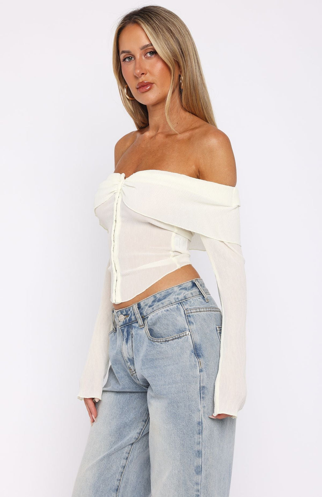 Trending Mood Forever Long Sleeve Off Shoulder Top Cream