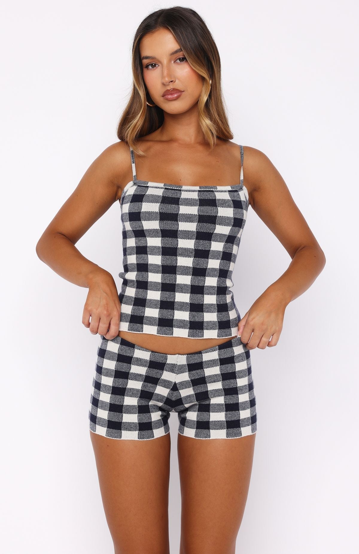 Trending Iconic Duo Knit Cami Top NavyCream Gingham