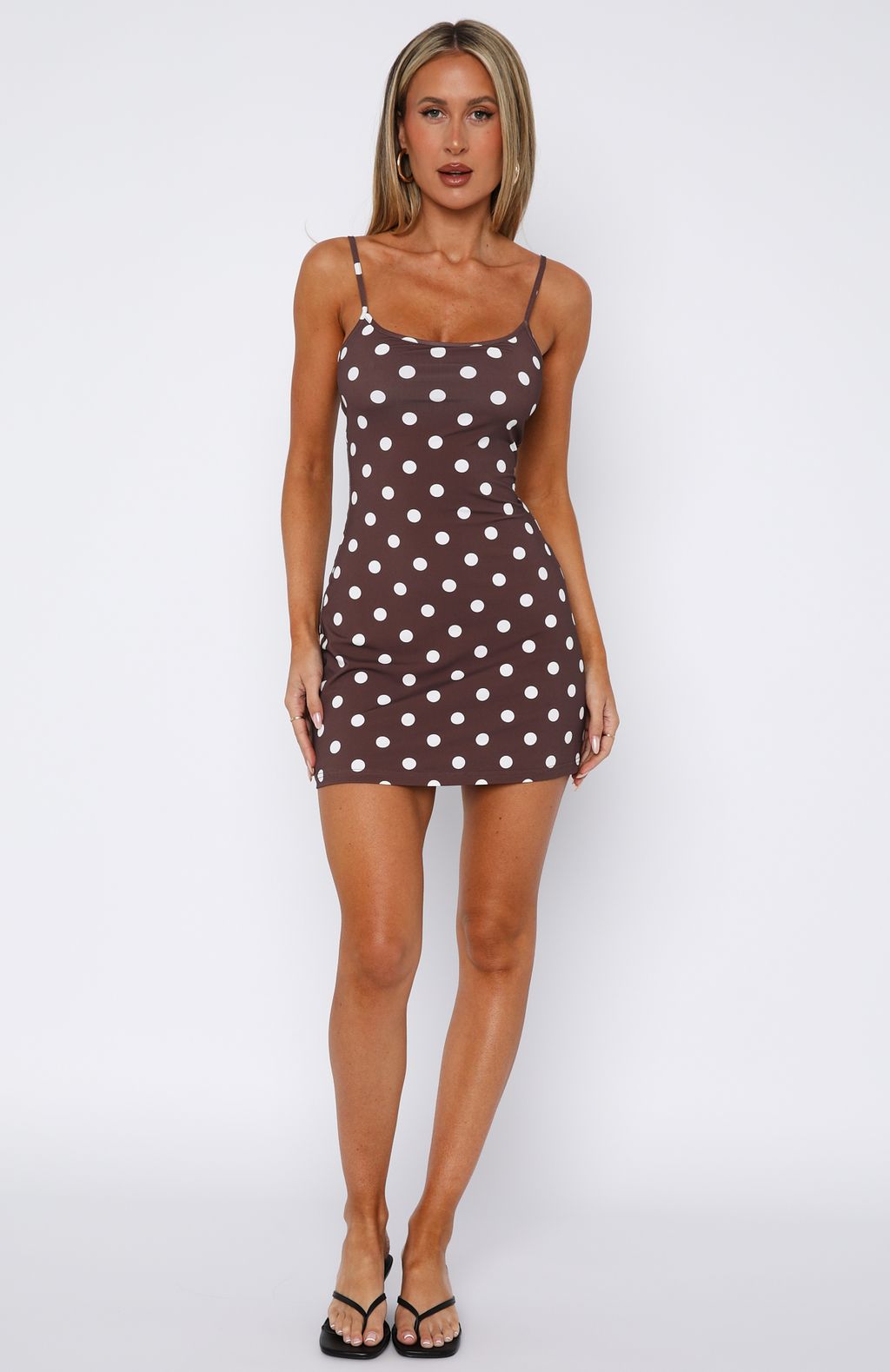 Trending Maybe Later Mini Dress ChocCream Polka Dot