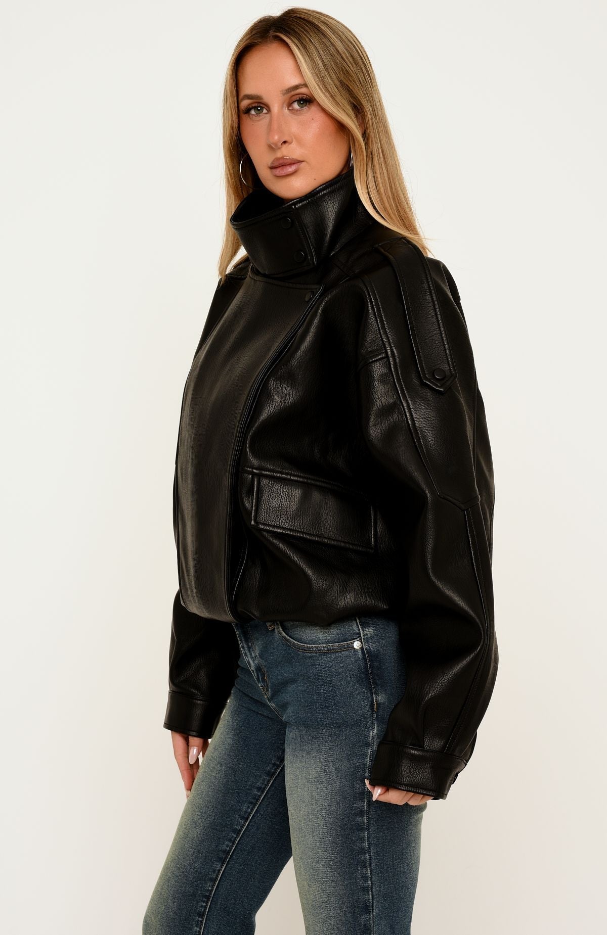 Trending Arianna Funnel Neck Pu Jacket Black
