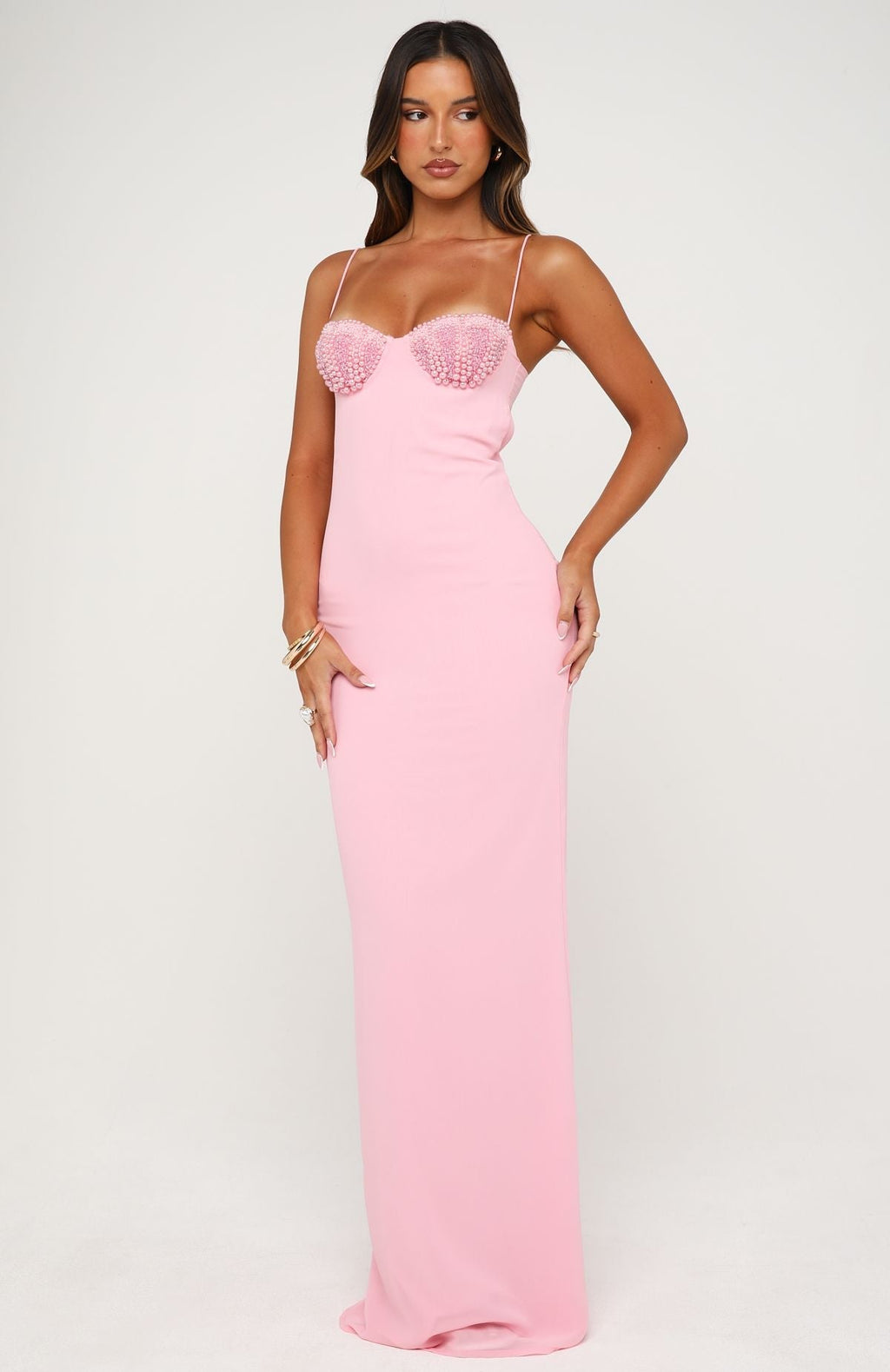 Trending Motel Mermaid Beaded Maxi Dress Candy Pink